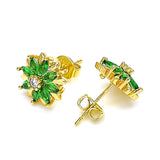 Oro Laminado Stud Earring, Gold Filled Style Flower Design, with Green and White Cubic Zirconia, Polished, Golden Finish