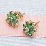 Oro Laminado Stud Earring, Gold Filled Style Flower Design, with Green and White Cubic Zirconia, Polished, Golden Finish