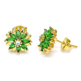 Oro Laminado Stud Earring, Gold Filled Style Flower Design, with Green and White Cubic Zirconia, Polished, Golden Finish