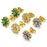Oro Laminado Stud Earring, Gold Filled Style Flower Design, with Green and White Cubic Zirconia, Polished, Golden Finish
