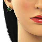 Oro Laminado Stud Earring, Gold Filled Style Swan Design, with Green and White Cubic Zirconia, Polished, Golden Finish