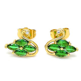 Oro Laminado Stud Earring, Gold Filled Style Swan Design, with Green and White Cubic Zirconia, Polished, Golden Finish