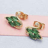 Oro Laminado Stud Earring, Gold Filled Style Swan Design, with Green and White Cubic Zirconia, Polished, Golden Finish