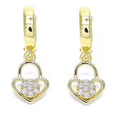 Oro Laminado Huggie Hoop, Gold Filled Style Lock and Heart Design, with White Micro Pave, Polished, Golden Finish
