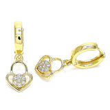 Oro Laminado Huggie Hoop, Gold Filled Style Lock and Heart Design, with White Micro Pave, Polished, Golden Finish