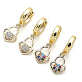 Oro Laminado Huggie Hoop, Gold Filled Style Lock and Heart Design, with White Micro Pave, Polished, Golden Finish