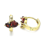 Oro Laminado Huggie Hoop, Gold Filled Style Heart Design, with Garnet Cubic Zirconia, Polished, Golden Finish