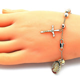 Oro Laminado Charm Bracelet, Gold Filled Style Guadalupe and Crucifix Design, with Multicolor Crystal, Diamond Cutting Finish, Tricolor
