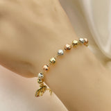 Oro Laminado Charm Bracelet, Gold Filled Style Guadalupe and Crucifix Design, with Multicolor Crystal, Diamond Cutting Finish, Tricolor