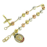 Oro Laminado Charm Bracelet, Gold Filled Style Guadalupe and Crucifix Design, with Multicolor Crystal, Diamond Cutting Finish, Tricolor