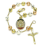 Oro Laminado Charm Bracelet, Gold Filled Style Guadalupe and Crucifix Design, with Multicolor Crystal, Diamond Cutting Finish, Tricolor