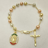 Oro Laminado Charm Bracelet, Gold Filled Style Guadalupe and Crucifix Design, with Multicolor Crystal, Diamond Cutting Finish, Tricolor