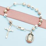 Oro Laminado Charm Bracelet, Gold Filled Style Guadalupe and Crucifix Design, with Multicolor Crystal, Diamond Cutting Finish, Tricolor
