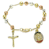 Oro Laminado Charm Bracelet, Gold Filled Style Guadalupe and Crucifix Design, with Multicolor Crystal, Diamond Cutting Finish, Tricolor