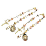 Oro Laminado Charm Bracelet, Gold Filled Style Guadalupe and Crucifix Design, with Multicolor Crystal, Diamond Cutting Finish, Tricolor