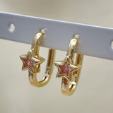 Oro Laminado Huggie Hoop, Gold Filled Style Star Design, with Pink Cubic Zirconia, Polished, Golden Finish