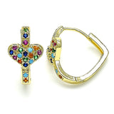 Oro Laminado Huggie Hoop, Gold Filled Style Heart Design, with Multicolor Micro Pave, Polished, Golden Finish