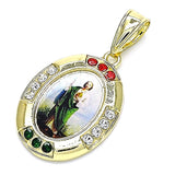 Oro Laminado Religious Pendant, Gold Filled Style San Judas Design, with Multicolor Crystal, Polished, Golden Finish