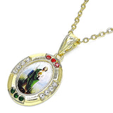 Oro Laminado Religious Pendant, Gold Filled Style San Judas Design, with Multicolor Crystal, Polished, Golden Finish