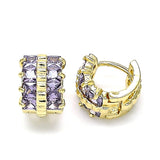 Oro Laminado Huggie Hoop, Gold Filled Style with Amethyst Cubic Zirconia, Polished, Golden Finish