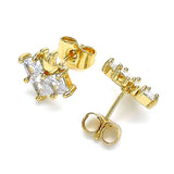 Oro Laminado Stud Earring, Gold Filled Style Crown Design, with White Cubic Zirconia, Polished, Golden Finish