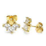 Oro Laminado Stud Earring, Gold Filled Style Crown Design, with White Cubic Zirconia, Polished, Golden Finish