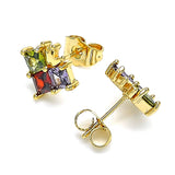 Oro Laminado Stud Earring, Gold Filled Style Crown Design, with Multicolor Cubic Zirconia, Polished, Golden Finish