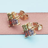 Oro Laminado Stud Earring, Gold Filled Style Crown Design, with Multicolor Cubic Zirconia, Polished, Golden Finish