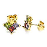 Oro Laminado Stud Earring, Gold Filled Style Crown Design, with Multicolor Cubic Zirconia, Polished, Golden Finish