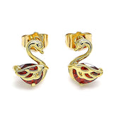 Oro Laminado Stud Earring, Gold Filled Style Swan Design, with Garnet Cubic Zirconia, Polished, Golden Finish