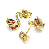 Oro Laminado Stud Earring, Gold Filled Style Swan Design, with Garnet Cubic Zirconia, Polished, Golden Finish