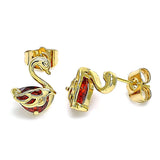 Oro Laminado Stud Earring, Gold Filled Style Swan Design, with Garnet Cubic Zirconia, Polished, Golden Finish