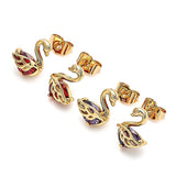Oro Laminado Stud Earring, Gold Filled Style Swan Design, with Garnet Cubic Zirconia, Polished, Golden Finish