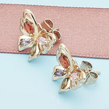 Oro Laminado Stud Earring, Gold Filled Style Butterfly Design, with Multicolor Cubic Zirconia, Polished, Golden Finish