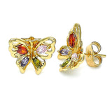 Oro Laminado Stud Earring, Gold Filled Style Butterfly Design, with Multicolor Cubic Zirconia, Polished, Golden Finish