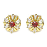 Oro Laminado Stud Earring, Gold Filled Style Flower and Baguette Design, with Garnet and White Cubic Zirconia, Polished, Golden Finish