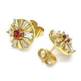 Oro Laminado Stud Earring, Gold Filled Style Flower and Baguette Design, with Garnet and White Cubic Zirconia, Polished, Golden Finish