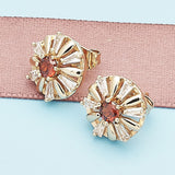 Oro Laminado Stud Earring, Gold Filled Style Flower and Baguette Design, with Garnet and White Cubic Zirconia, Polished, Golden Finish