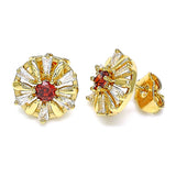 Oro Laminado Stud Earring, Gold Filled Style Flower and Baguette Design, with Garnet and White Cubic Zirconia, Polished, Golden Finish