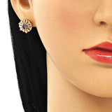 Oro Laminado Stud Earring, Gold Filled Style Flower and Baguette Design, with Amethyst and White Cubic Zirconia, Polished, Golden Finish