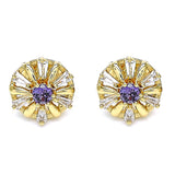 Oro Laminado Stud Earring, Gold Filled Style Flower and Baguette Design, with Amethyst and White Cubic Zirconia, Polished, Golden Finish
