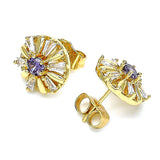 Oro Laminado Stud Earring, Gold Filled Style Flower and Baguette Design, with Amethyst and White Cubic Zirconia, Polished, Golden Finish