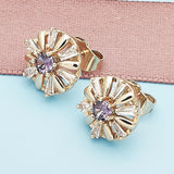 Oro Laminado Stud Earring, Gold Filled Style Flower and Baguette Design, with Amethyst and White Cubic Zirconia, Polished, Golden Finish