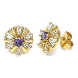 Oro Laminado Stud Earring, Gold Filled Style Flower and Baguette Design, with Amethyst and White Cubic Zirconia, Polished, Golden Finish