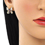 Oro Laminado Stud Earring, Gold Filled Style Butterfly Design, with Amethyst and White Cubic Zirconia, Polished, Golden Finish