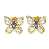 Oro Laminado Stud Earring, Gold Filled Style Butterfly Design, with Amethyst and White Cubic Zirconia, Polished, Golden Finish