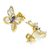Oro Laminado Stud Earring, Gold Filled Style Butterfly Design, with Amethyst and White Cubic Zirconia, Polished, Golden Finish