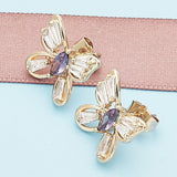 Oro Laminado Stud Earring, Gold Filled Style Butterfly Design, with Amethyst and White Cubic Zirconia, Polished, Golden Finish