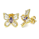 Oro Laminado Stud Earring, Gold Filled Style Butterfly Design, with Amethyst and White Cubic Zirconia, Polished, Golden Finish