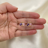 Oro Laminado Stud Earring, Gold Filled Style Butterfly Design, with Amethyst and Pink Cubic Zirconia, Polished, Golden Finish